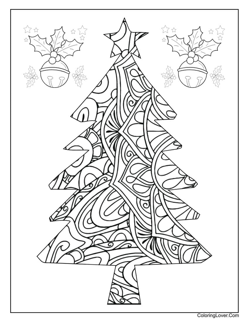 Abstract Christmas tree coloring page for adults
