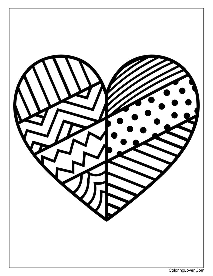 Abstract patterned heart coloring page for kids
