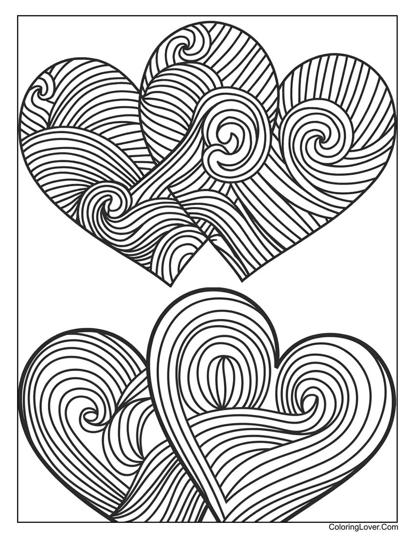 Abstract patterned hearts with swirling lines coloring page