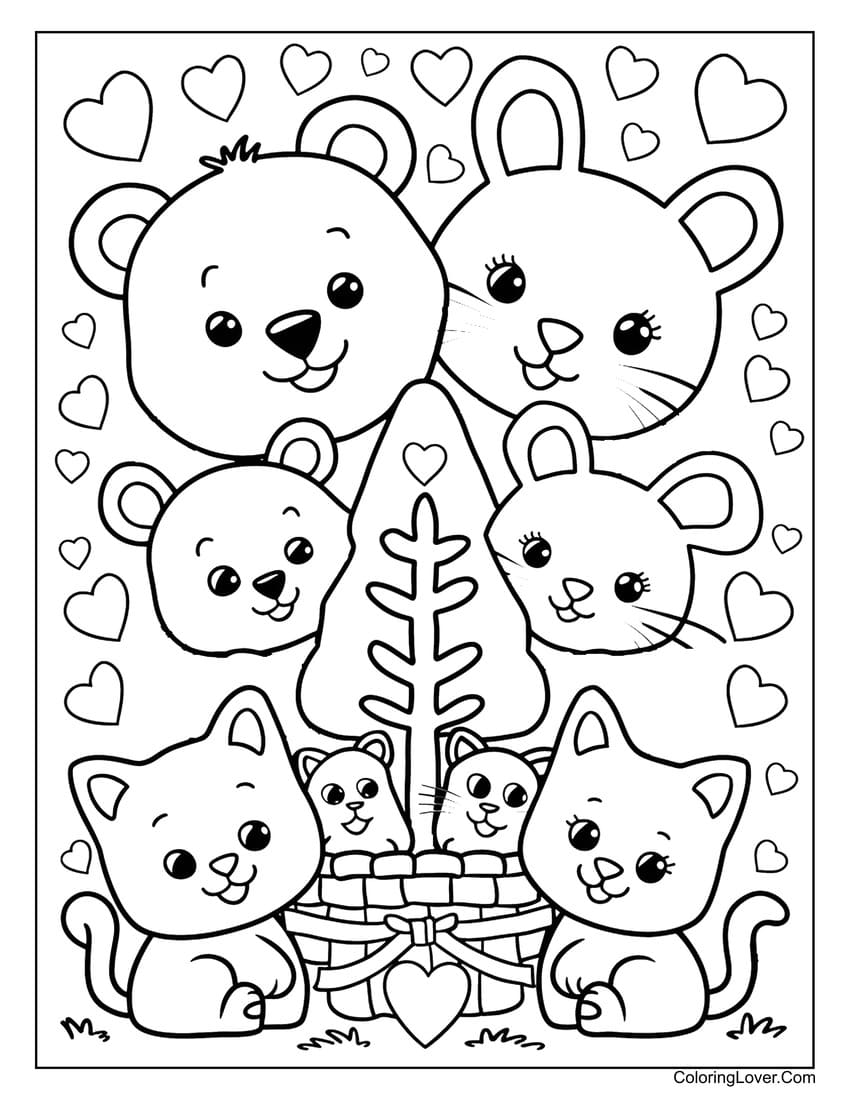 Animal family with heart tree