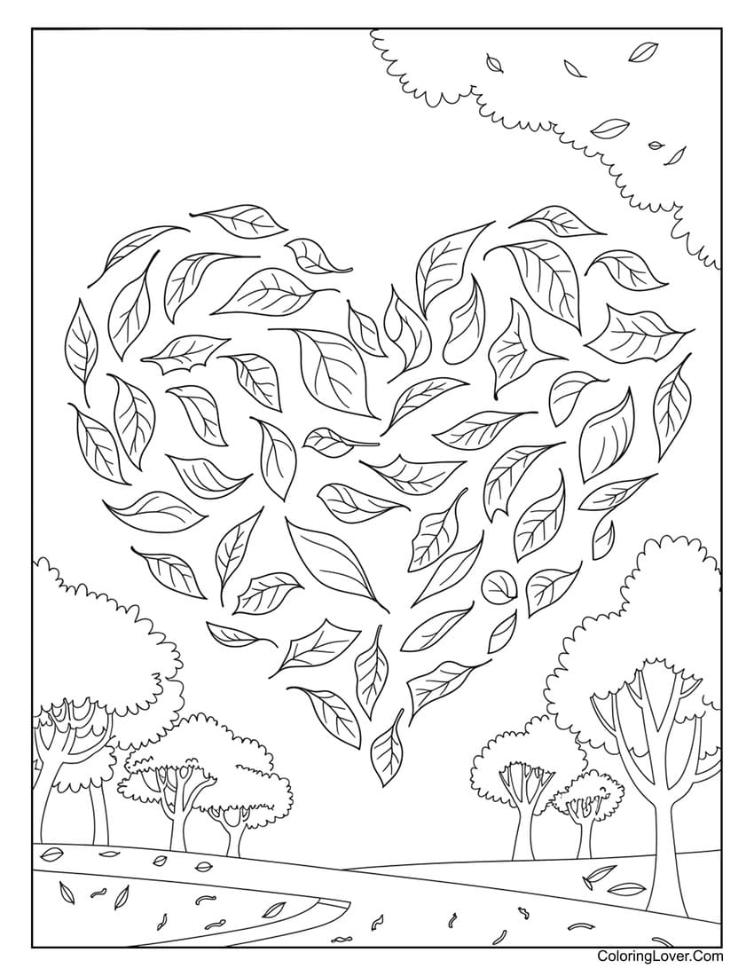 Autumn heart made of falling leaves coloring page