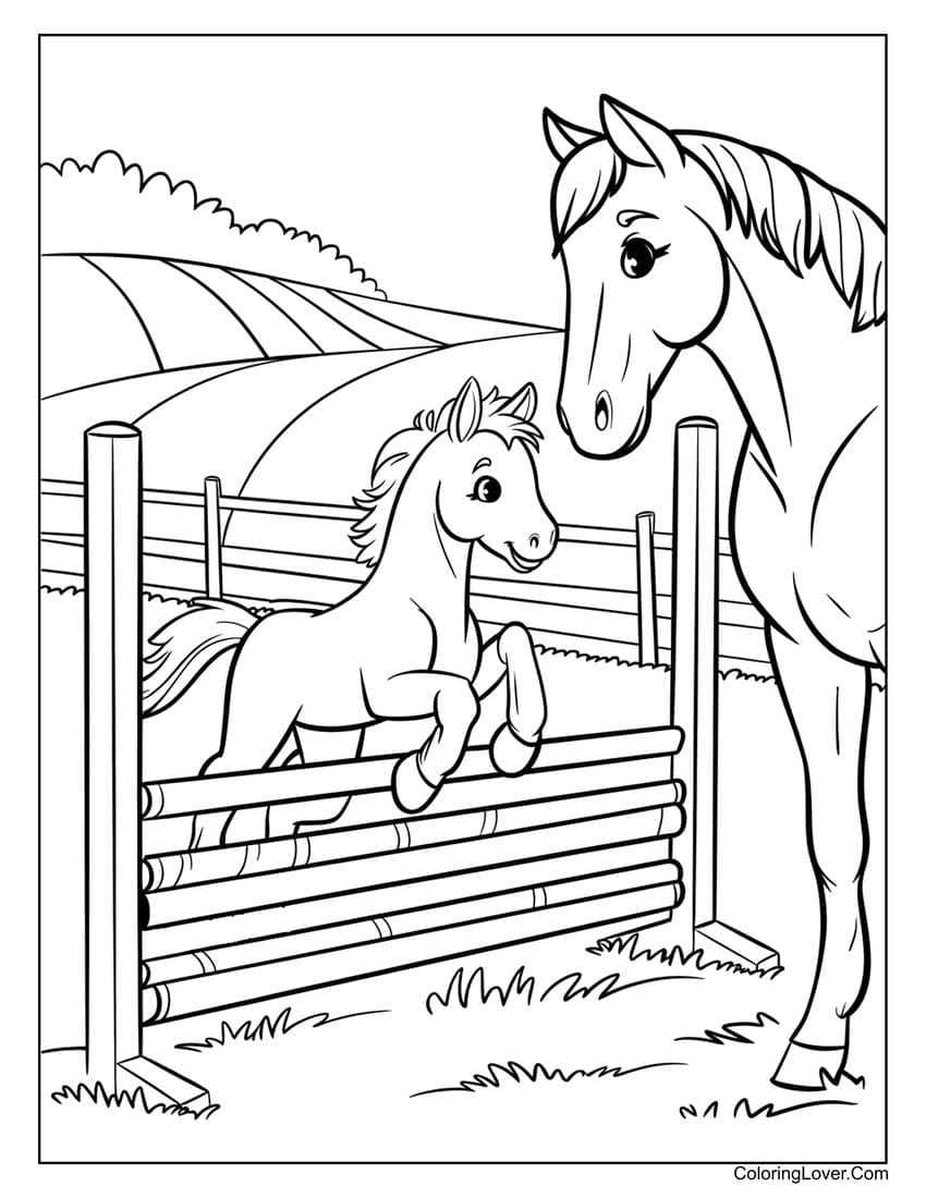 Baby horse jumping over a fence with adult horse coloring page