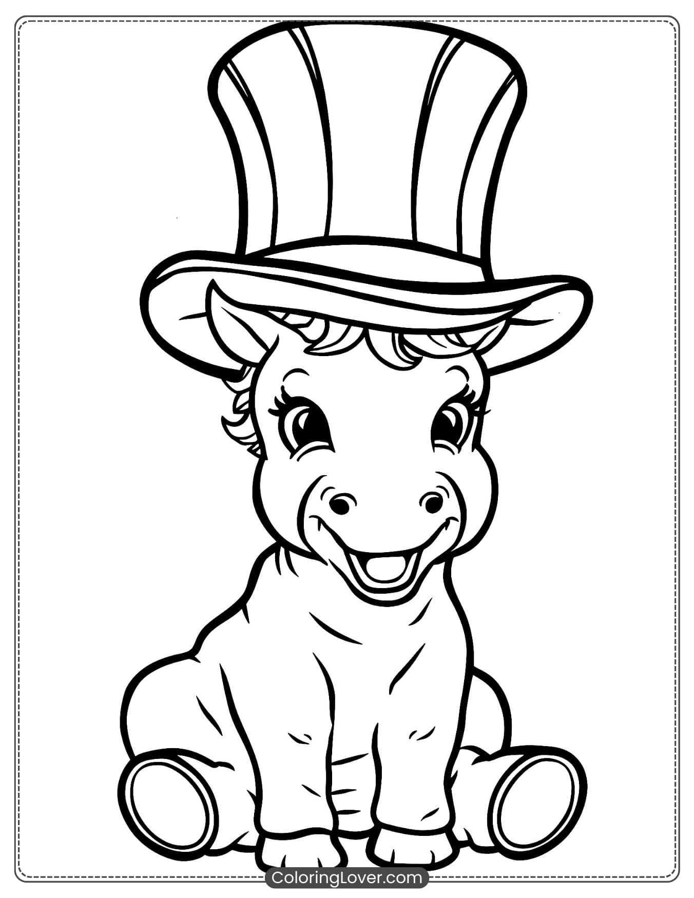 Baby horse with a tall hat coloring page for kids

