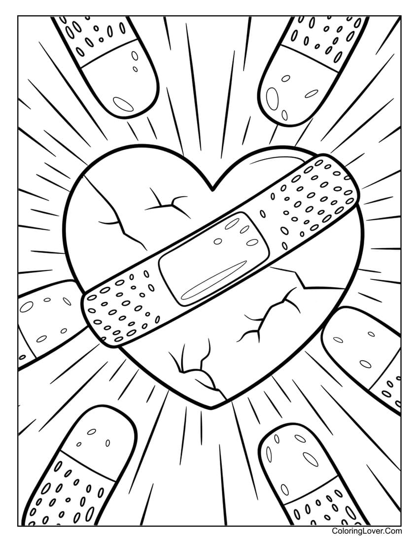 Bandaged heart with band-aids coloring page for kids