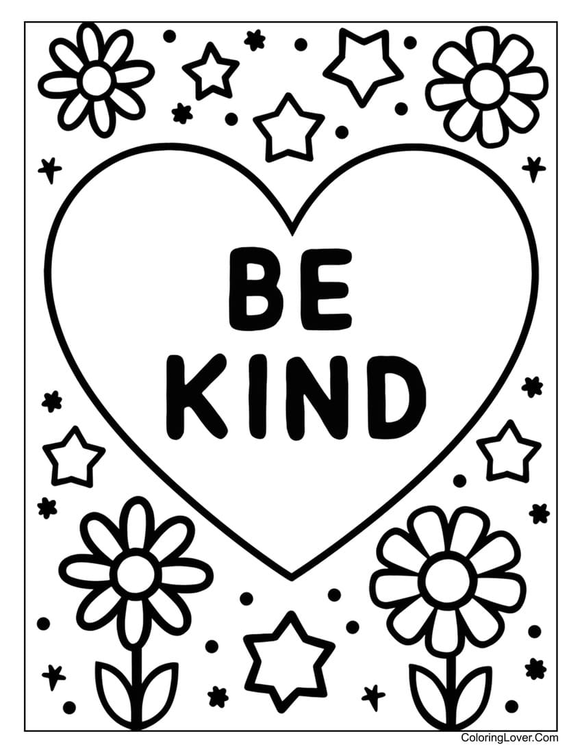 Be Kind heart with flowers coloring page