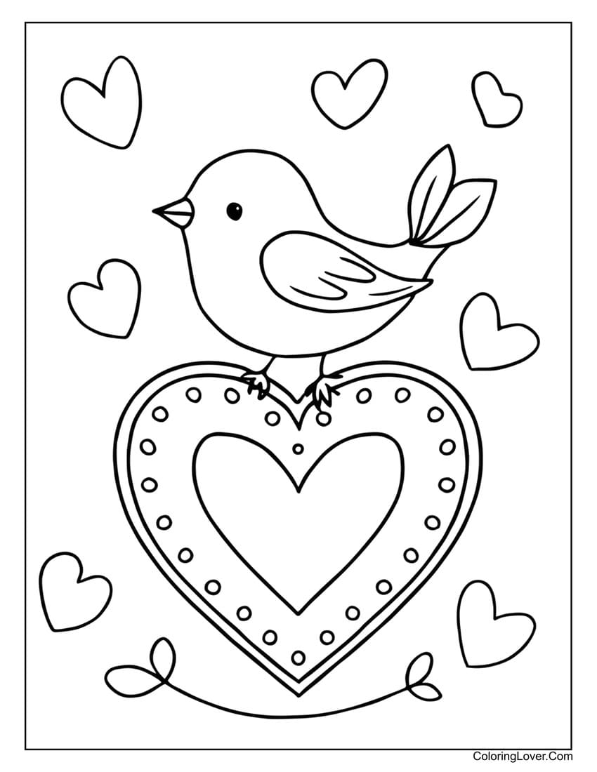Bird on heart with floating hearts coloring page