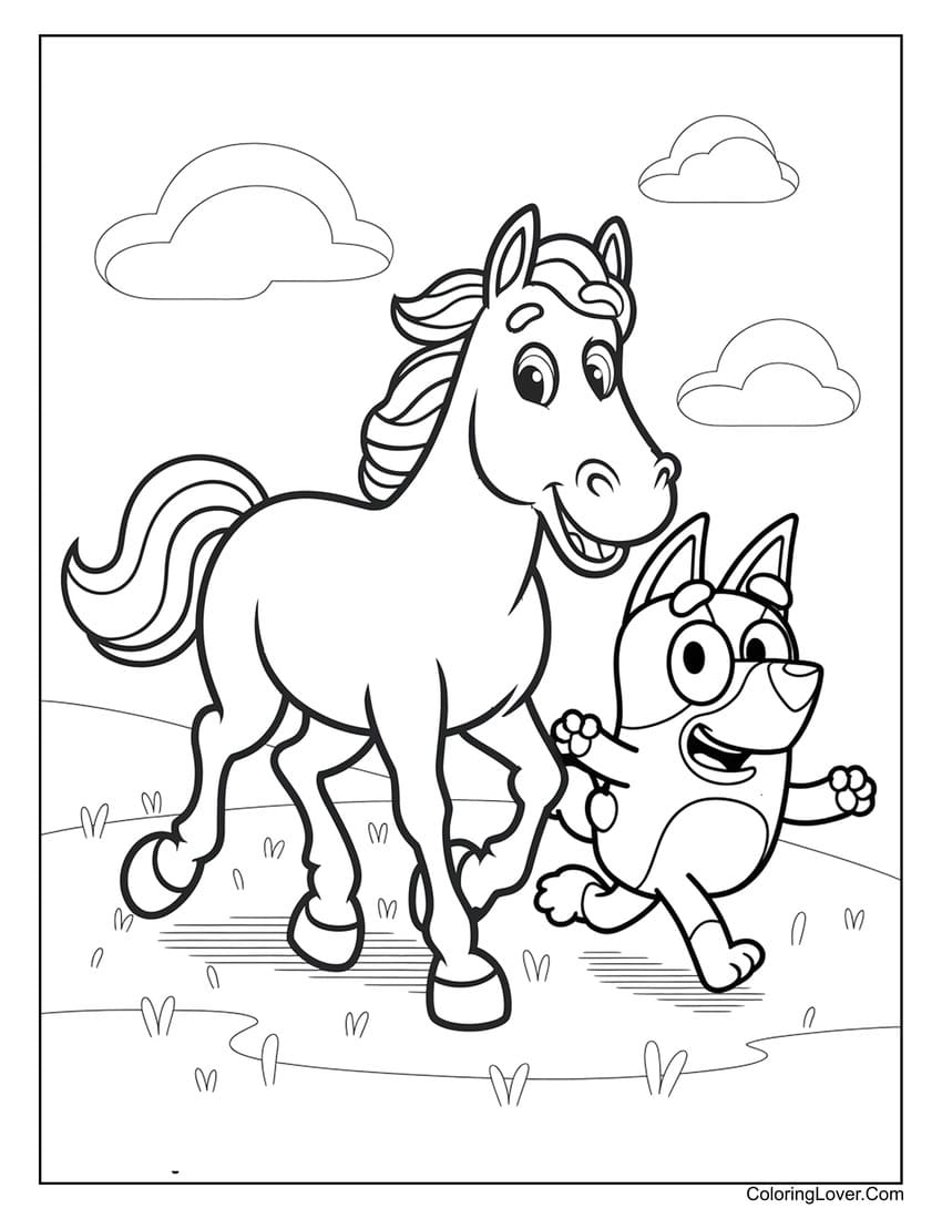Bluey and horse running together coloring page