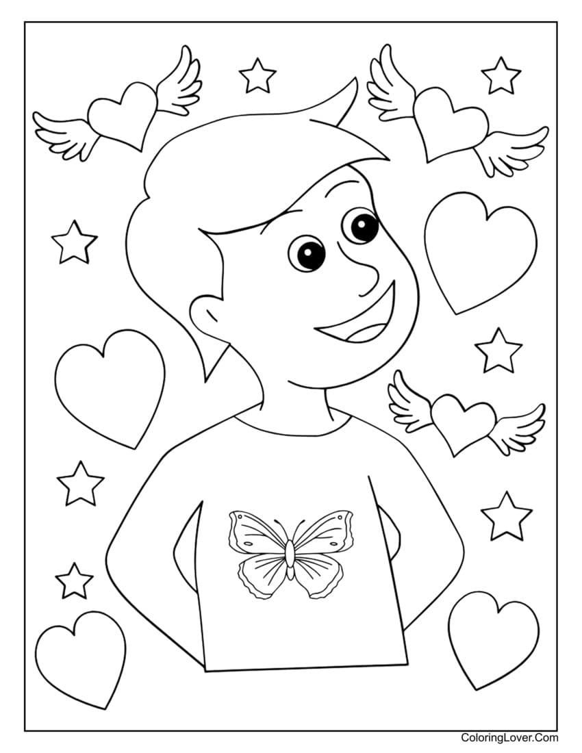 Boy surrounded by hearts and stars coloring page