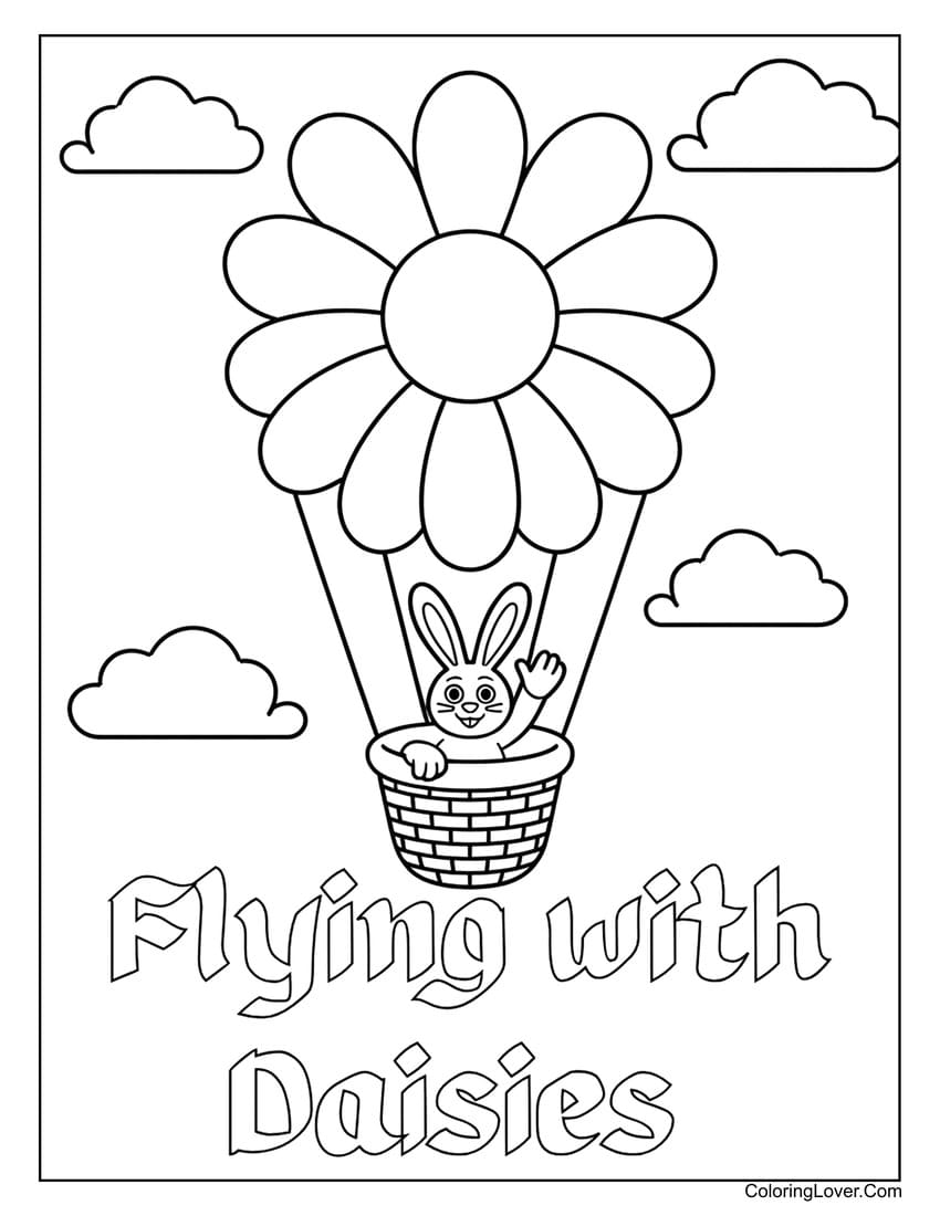 Bunny flying in hot air balloon shaped like daisy coloring page