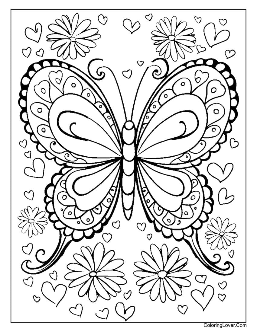 Butterfly with hearts and flowers