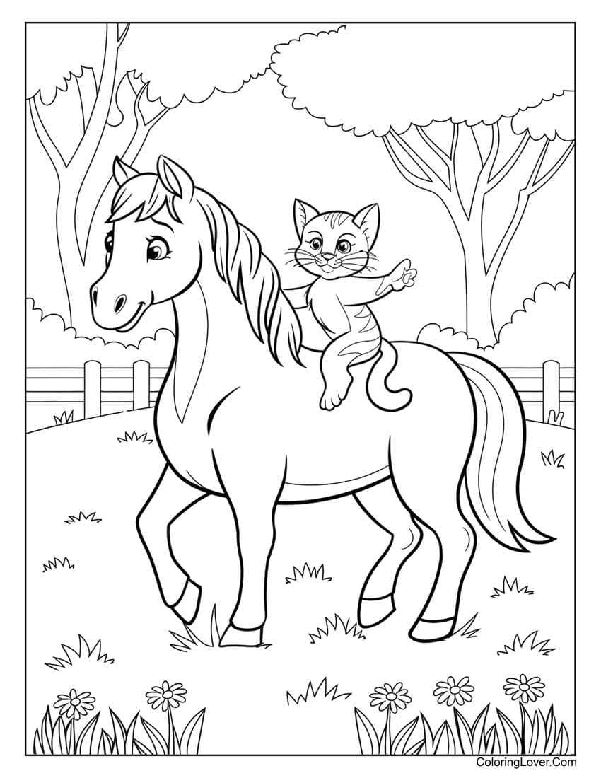 Cat riding a horse in a playful scene