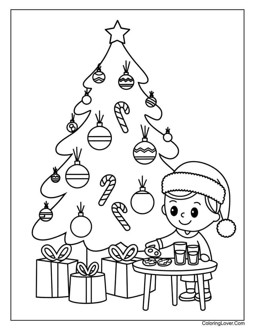 Child decorating Christmas tree coloring page