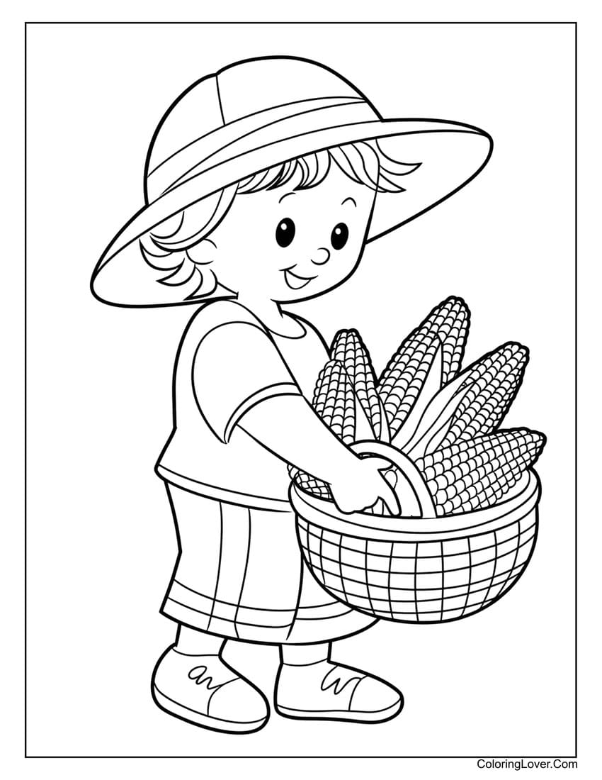 Child holding basket of corn coloring page