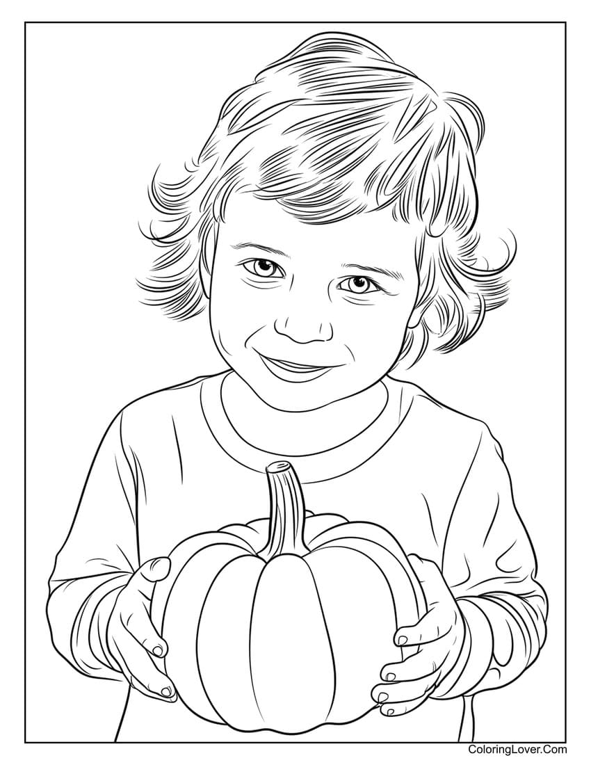 Child holding pumpkin coloring page