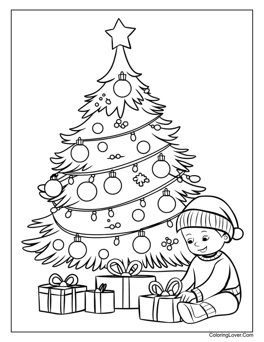 Child opening presents under Christmas tree coloring page