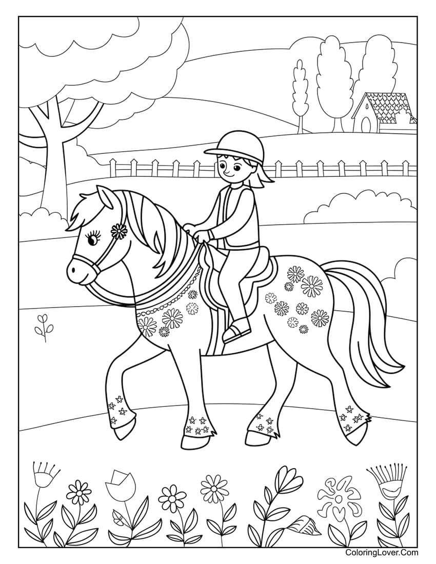 Child riding a decorated horse coloring page