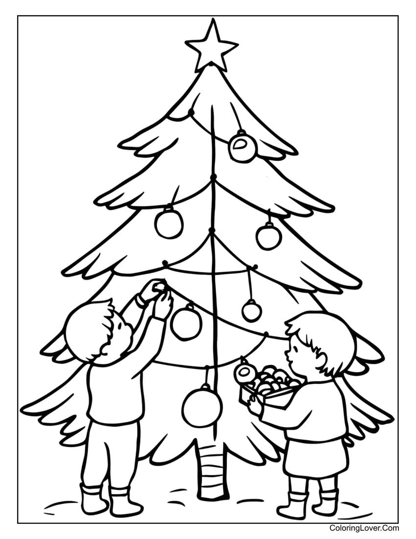 Children decorating Christmas tree coloring page