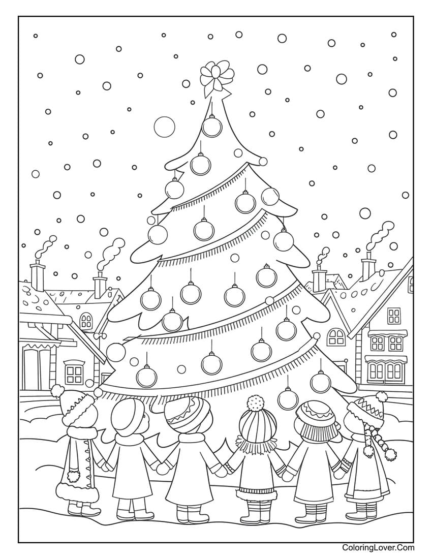 Children holding hands near Christmas tree coloring page