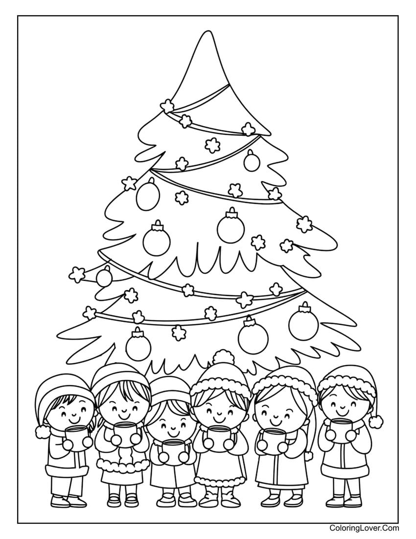Children drinking hot chocolate by Christmas tree coloring page