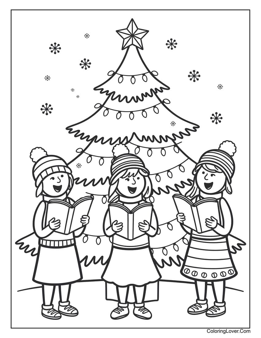 Children singing carols near Christmas tree coloring page