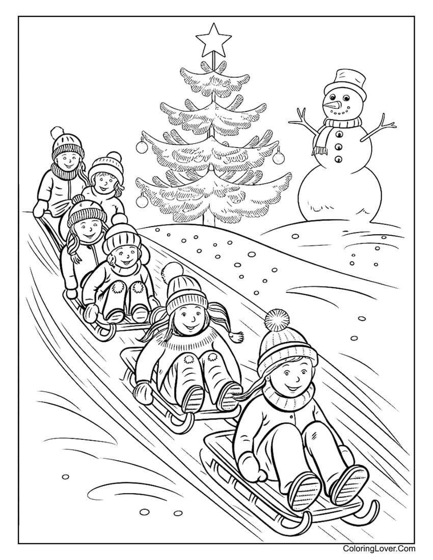 Children sledding by Christmas tree coloring page