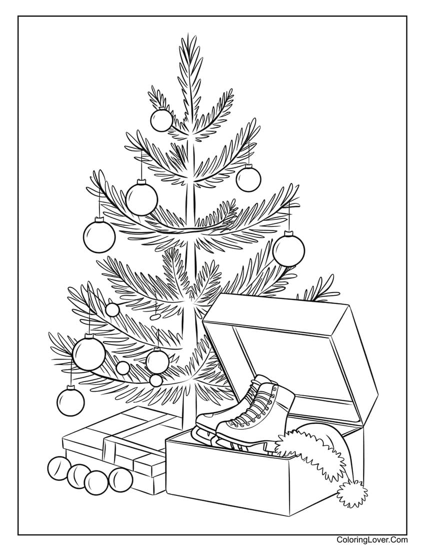 Christmas tree coloring page with "Merry Christmas" text