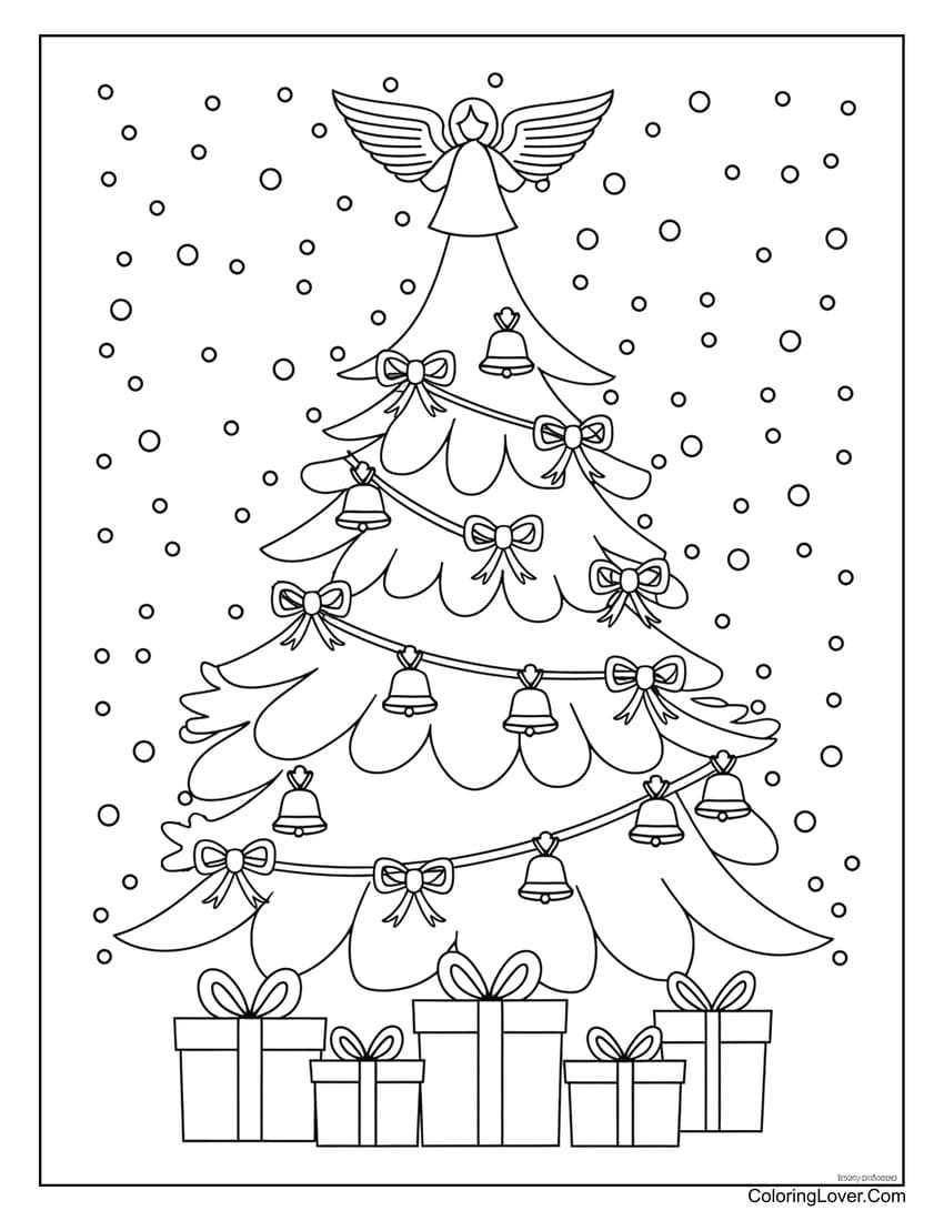 Christmas tree with angel and gifts coloring page