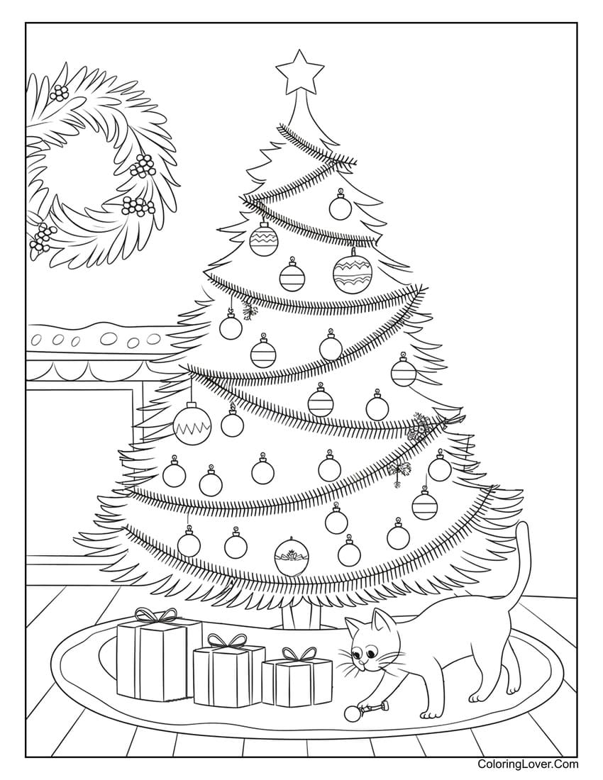 Christmas tree with cat playing under it coloring page