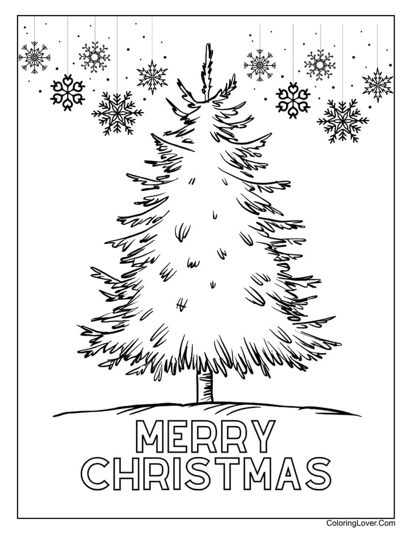 Christmas tree with "Merry Christmas" text and snowflakes