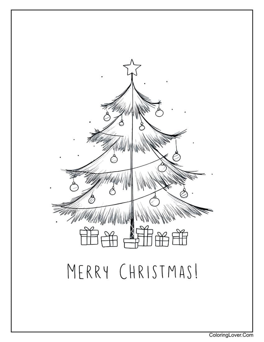 Christmas tree with presents and star coloring sheet