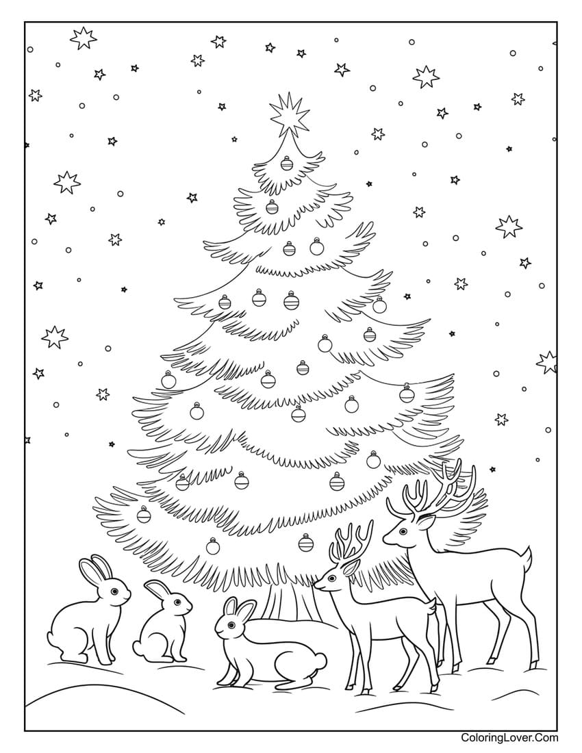 Christmas tree with rabbits and deer coloring sheet