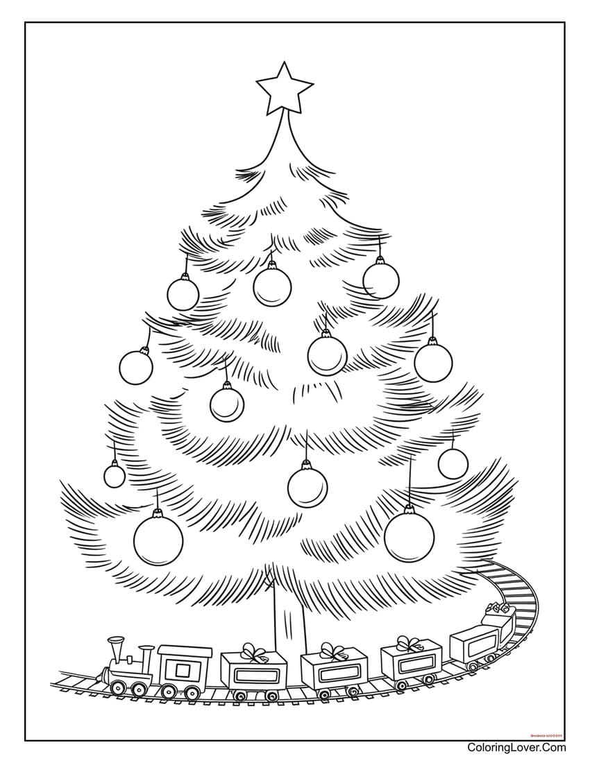 Christmas tree with toy train coloring sheet