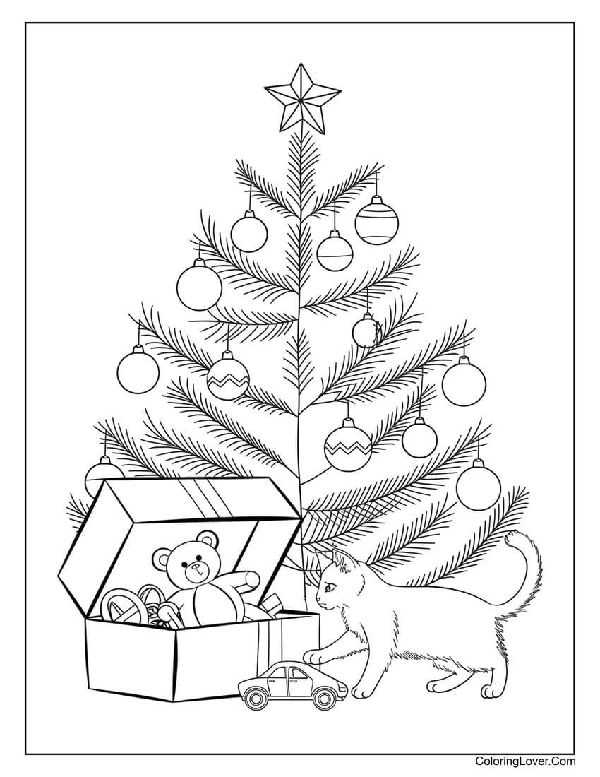 Christmas tree with toys and cat coloring page
