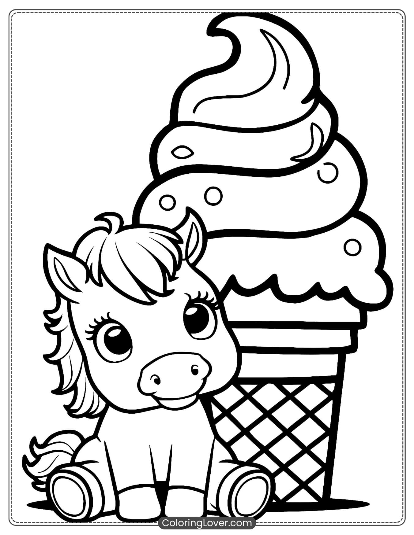 Coloring page of a cute pony with a large ice cream cone