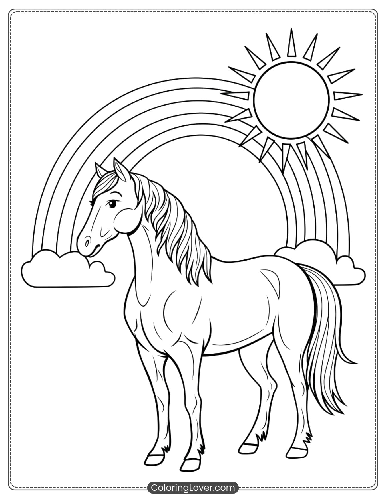 Coloring page of a horse with rainbow and sun