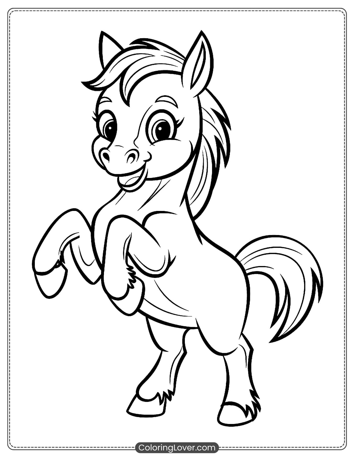 Coloring page of a young horse rearing up