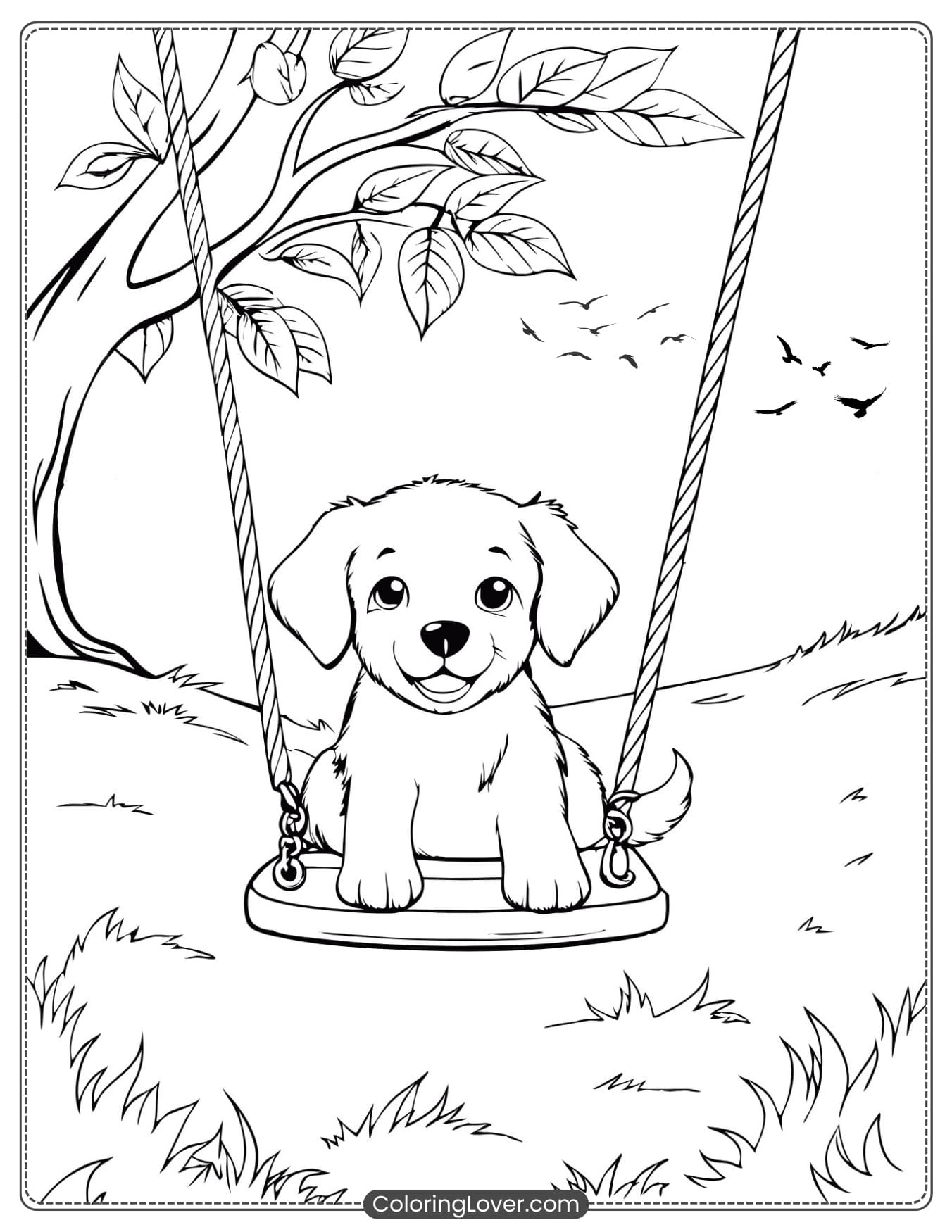 Coloring page: Puppy sitting on a swing under a tree