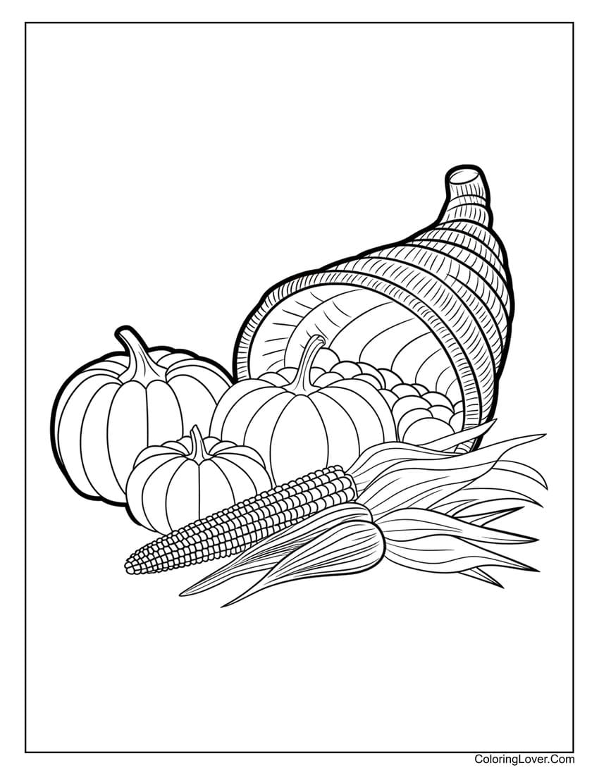 Cornucopia with pumpkins and corn coloring page