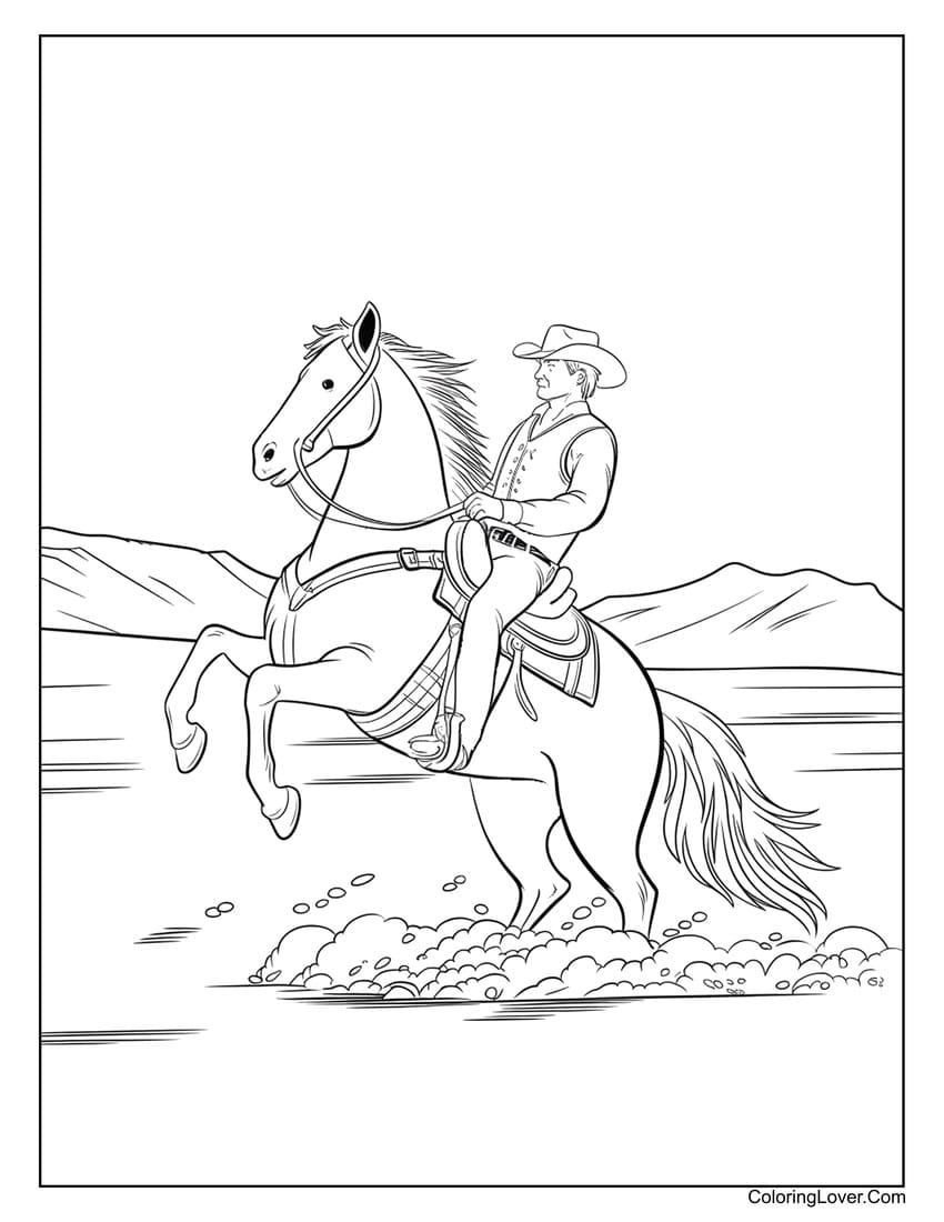 Cowboy riding a rearing horse in the desert coloring page