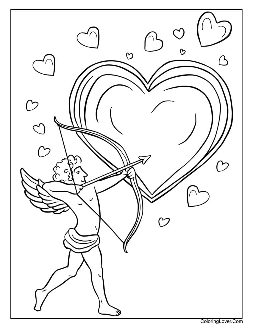 Cupid aiming arrow at large heart coloring page