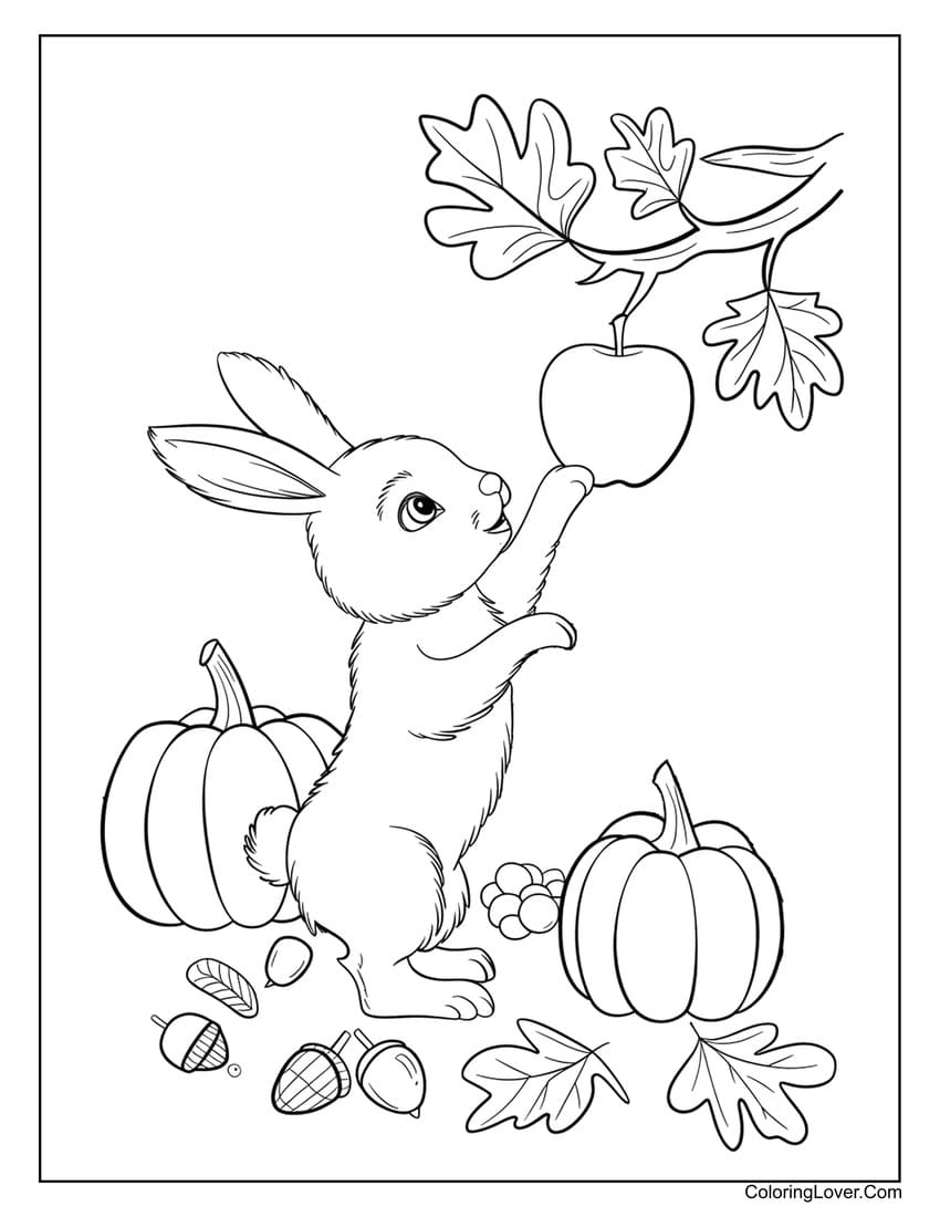 Cute bunny reaching for apple thanksgiving coloring page
