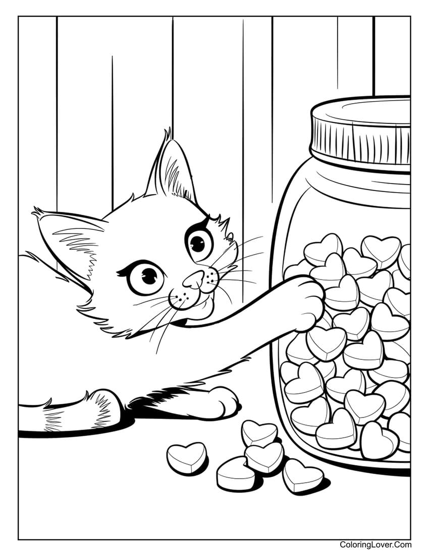 Cute cat with heart candies coloring page