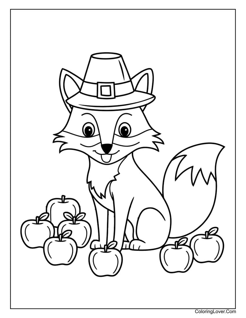 Cute fox with apples thanksgiving coloring page