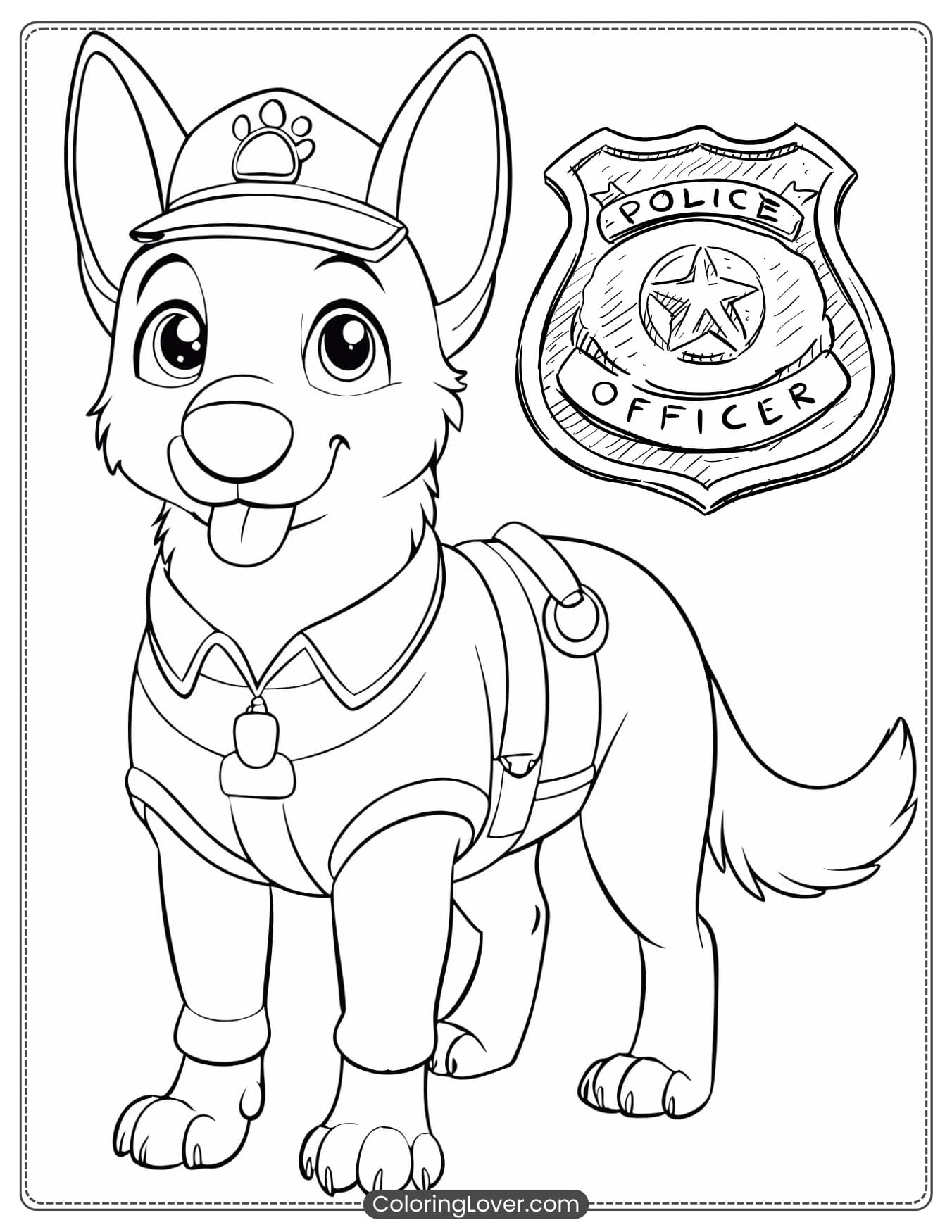 Cute police dog puppy standing and smiling coloring page