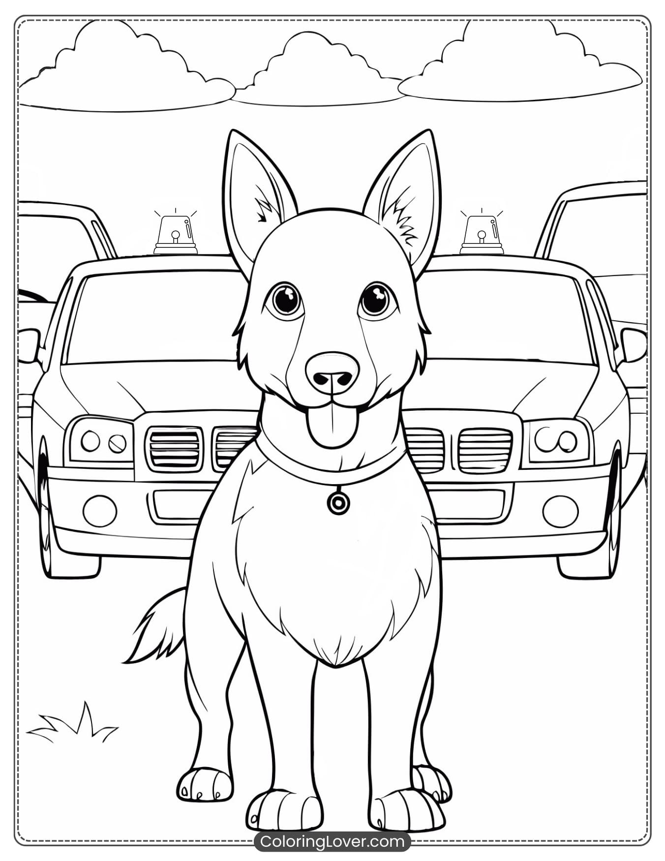 Cute police dog puppy standing in front of police cars
