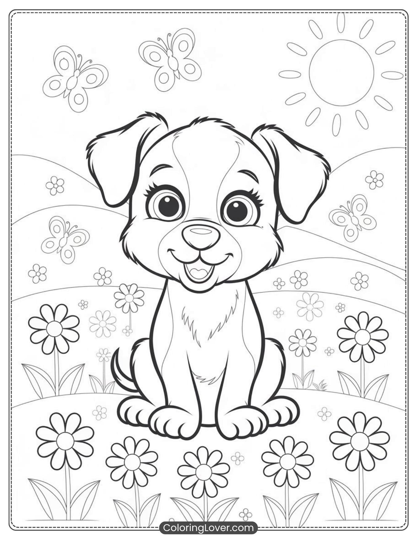 Cute puppy sitting in a field of flowers with butterflies coloring page