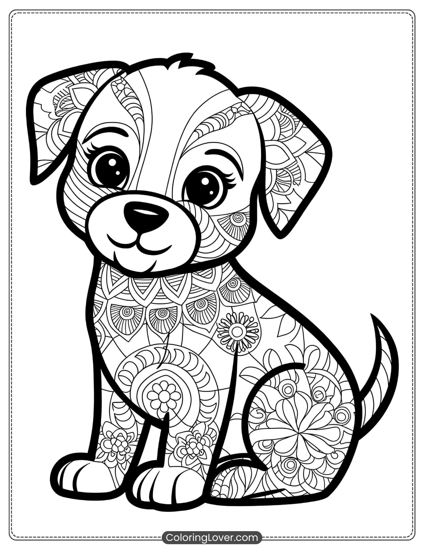 A detailed puppy coloring page with intricate patterns