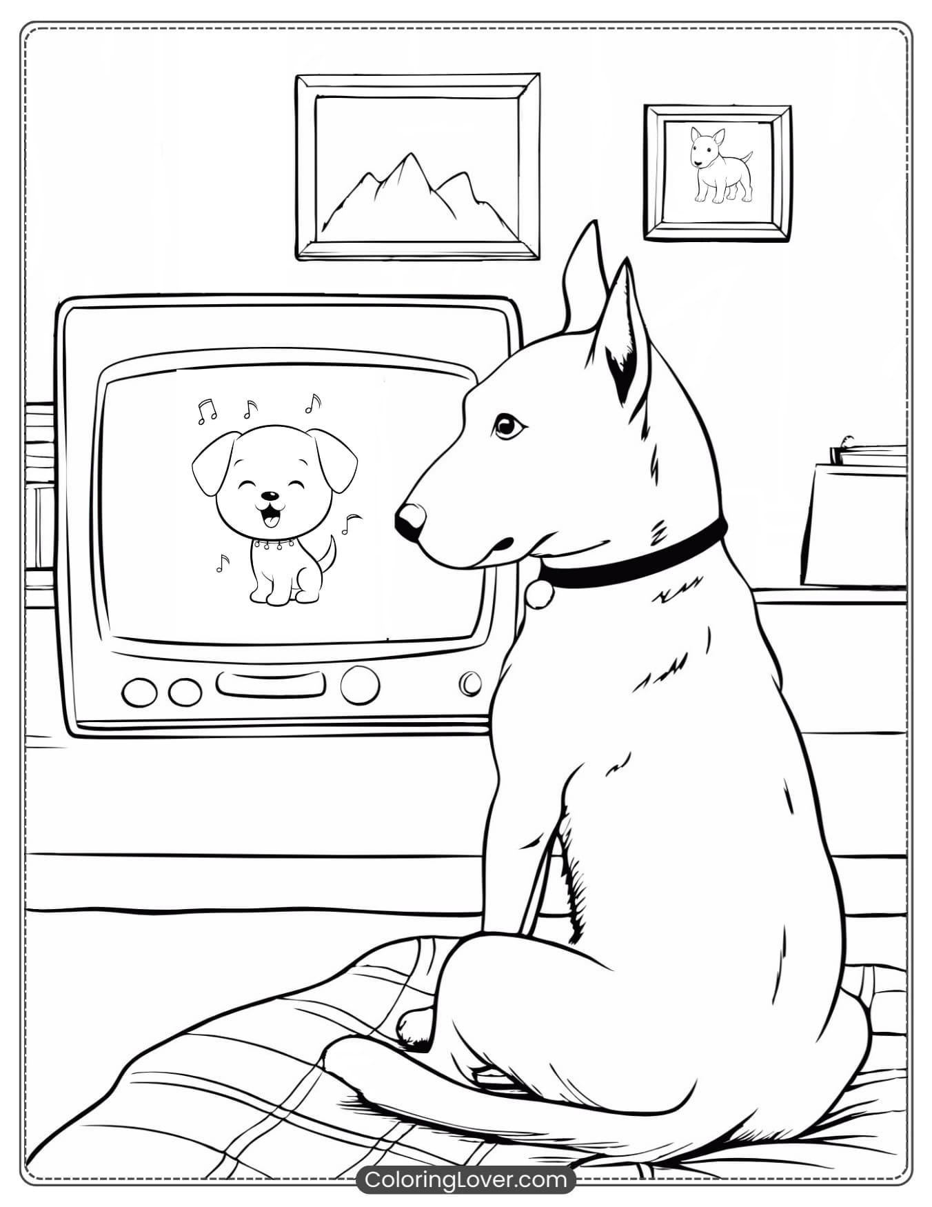 Dog watching a singing puppy on TV.
