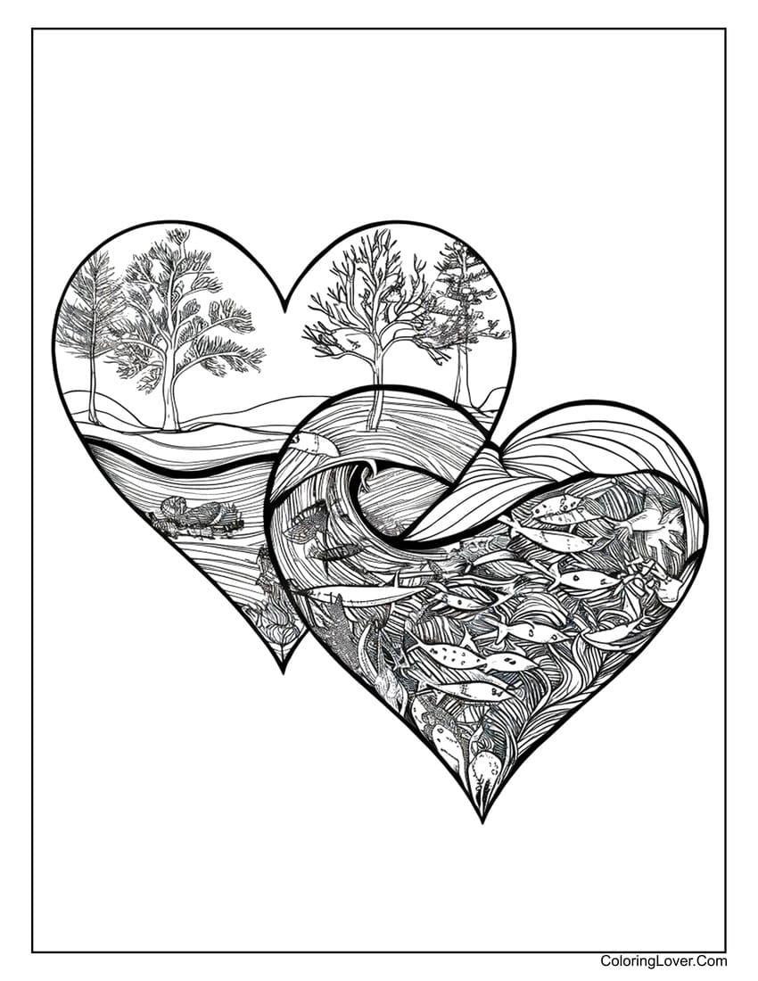 Double heart nature and ocean scene coloring page