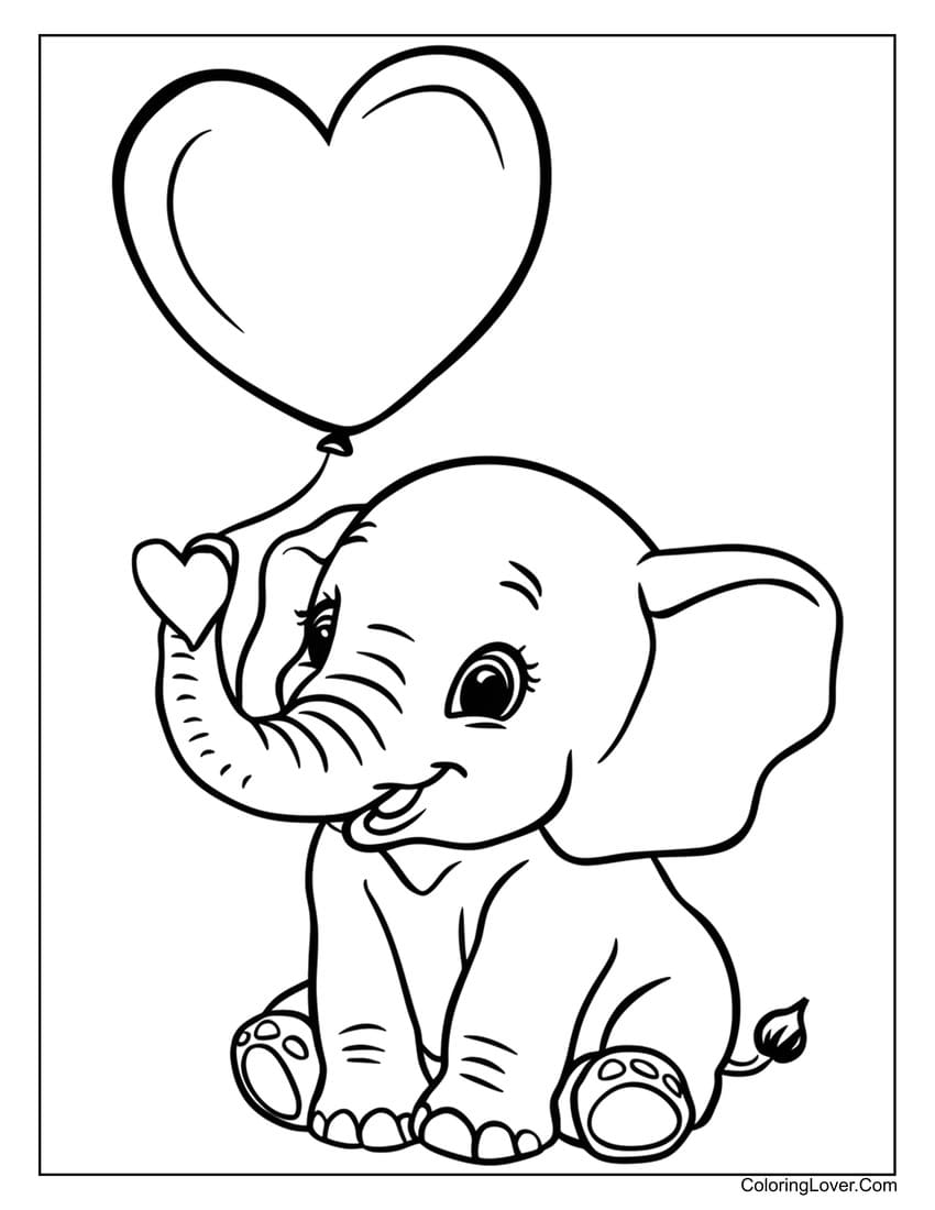 Elephant holding heart balloon